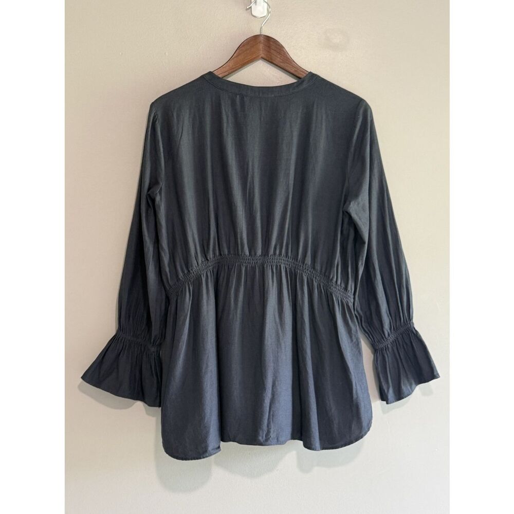 Loft Cotton Navy Top Long Sleeve Flutter Ruched Ruffle Flared Nautical Button M - Picture 5 of 15